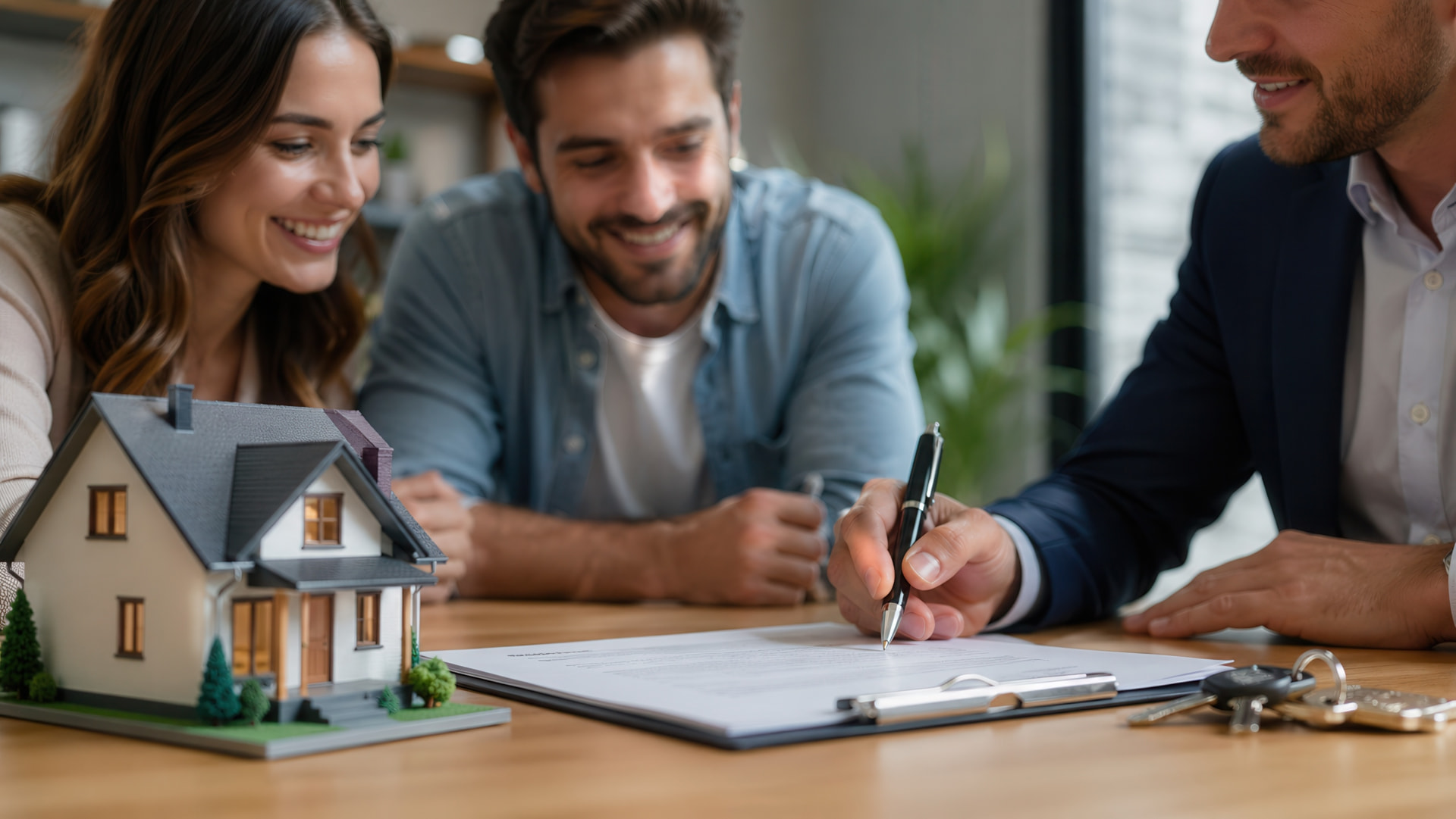 Asesor firmando el contrato de financiamiento con una pareja frente a la maqueta de una casa