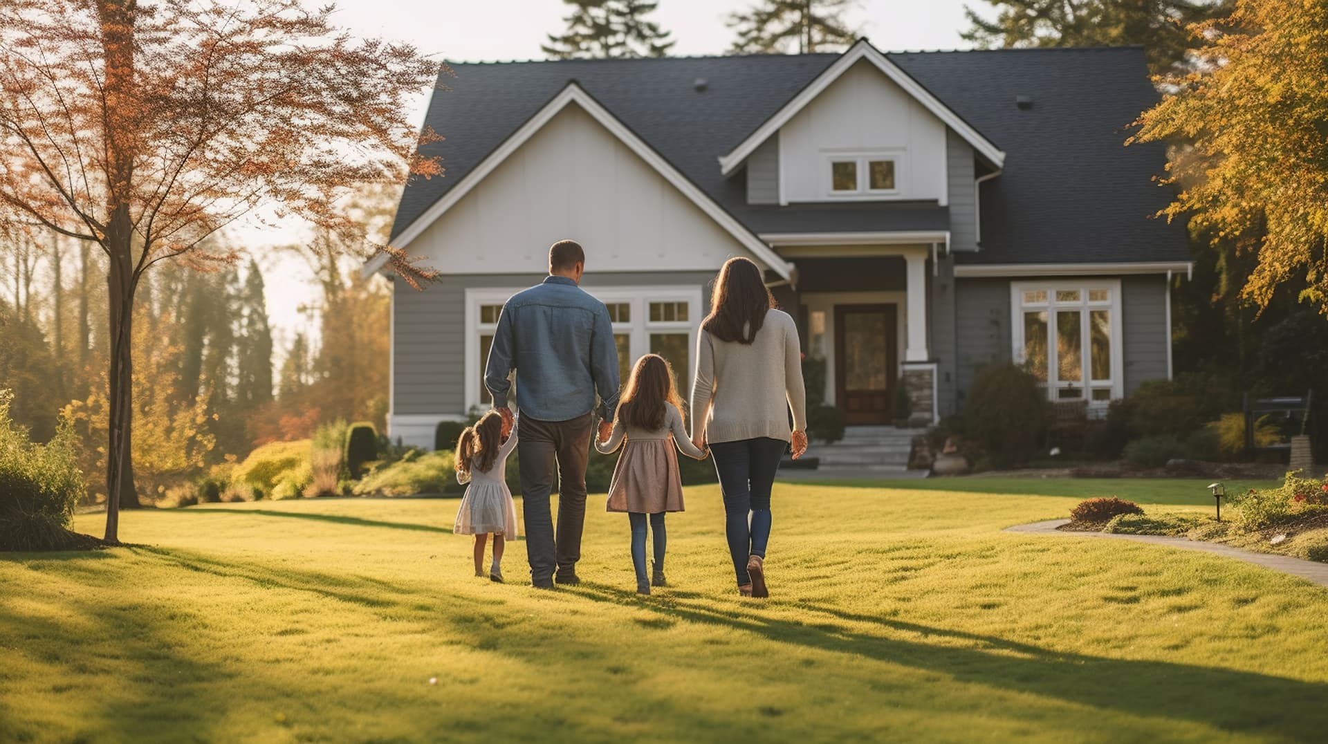 Familia caminando hacia su casa con luz natural al atardecer